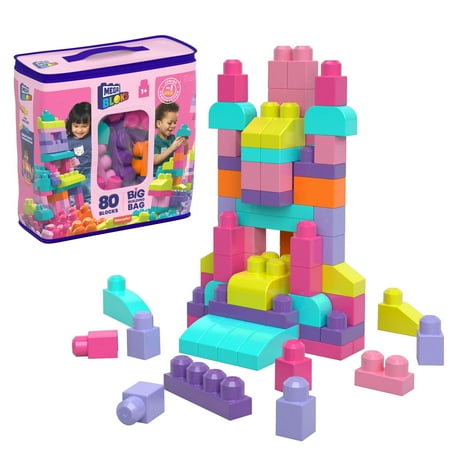 MEGA BLOKS Fisher-Price Toy Blocks Pink Big Building Bag with Storage (80 Pieces) for Toddler, Pink