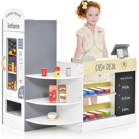 INFANS Kids Grocery Store Playset, Wooden Supermarket Toy Set with Cash Register, Vending Machine, Play Food Accessories, Blackboard, Pretend Play Store Gift for Toddler Boys Girls (Grey)