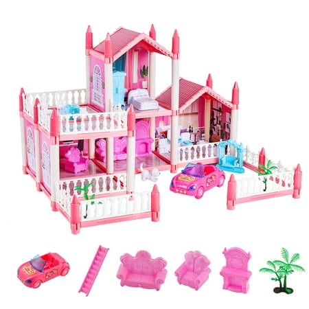 Anpro Pink Dollhouse Pretend Play Set for Kid, Big Villa Princess Castle, 5 Rooms Dollhouse with Doll Toy Figure for Boys and Girls Age 3+ Play House Gift Toys and Christmas Gift