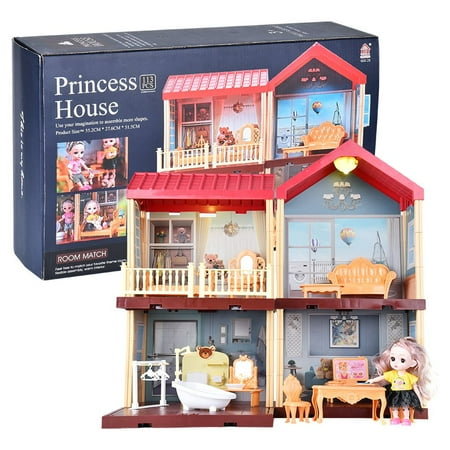 Toys Dollhouse for 3-8 Years Girls | 113 Pcs 2-Level DIY Doll House Playset Toy with Sweet Fashion Dolls & 4 Rooms & Furniture Home Decoration & LED Light for Kids Toddlers Gift