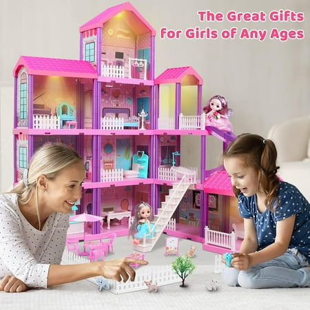 Beefunni Dollhouse, with Slide, Dolls and 11 Rooms, Creative Dollhouse Toys for Girls, Christmas Birthday Gifts for Girls 3 to 6 Year Old