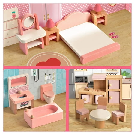 Fun Little Toys 22Pcs Pretend Life Dollhouse with Furniture,Wooden Doll House Furniture,Pink Wooden Toys, Stocking Stuffers for Kids,Birthday,Xmas Gift for Girls