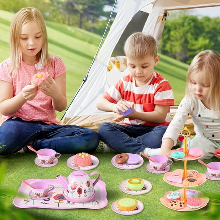 45PCS Tea Party Set, Gift for Girls Princess Tea Party Set Kitchen Pretend Toys with Tin Teapot, Cups, Plates and Carrying Case. Cake, Food for 3+Girls