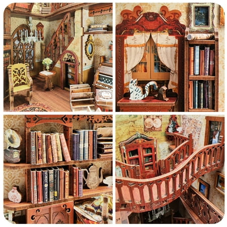 DIY Book Nook Kit, DIY Dollhouse Booknook, Magic Booknook Shelf Insert Decor Alley, 3D Wooden Puzzle Bookends, Book Nook Miniature Kits with LED Light for Adults