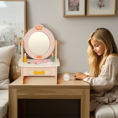 WoodenEdu Wooden Vanity Set for Kids, Pretend Play Toddler Makeup Vanity Table Toys with 360° Rotatable Mirror, Beauty Salon Set Includes Makeup Accessories, Little Girls Gift Age 3+