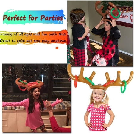 2 Pack Inflatable Reindeer Antler Ring Toss Game for Christmas Party, Set of 2 Antler Hats with Rings for Kids Adults Family Xmas Fun Games (12 Rings, 2 Antlers, 2 Noses, 1 Pump)