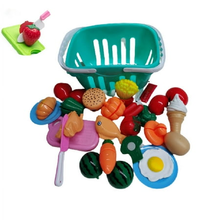 JMH 24 PCS Set Cutting Play Vegetables and Fruits Cooking Toys Gifts for Toddlers with Shopping Basket, Plastic