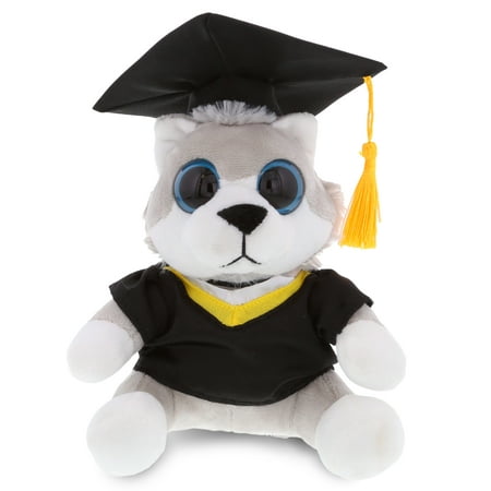 DolliBu Big Eye Wolf Graduation Plush Toy - Soft Graduation Stuffed Animal Dress Up with Gown & Cap with Tassel Outfit - Cute Congratulatory Graduation Gift - 6 Inches