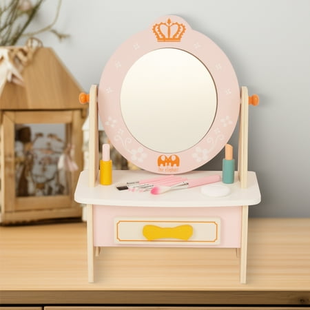 WoodenEdu Wooden Vanity Set for Kids, Pretend Play Toddler Makeup Vanity Table Toys with 360° Rotatable Mirror, Beauty Salon Set Includes Makeup Accessories, Little Girls Gift Age 3+