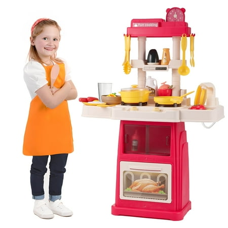 26Inch Play Kitchen Set for Kids, Anpro 48Pcs Interactive Kitchen Play Set with Sounds & Lights, Pretend Kitchen Cooking Toys for Age 3+ Boys Girls, Pink