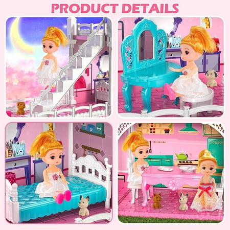 114 Pcs Doll House, DIY Dollhouse Kit Pink Girl Toys, 2 Stories 3 Rooms Educational Toys for Girls Dollhouse Toddler Playhouse Gift(16" x 12" x 4")