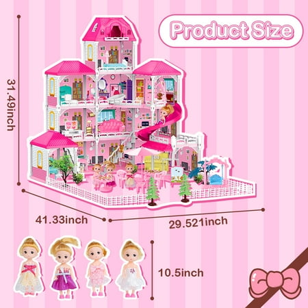 JoyStone Dollhouse with Lights, 4-Story 12 Rooms Huge Doll House with 4 Dolls Toy Figures, Fully Furnished Pretend Playhouse Gifts for Girls Ages 3+, Pink