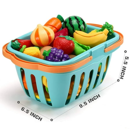 70 PCS Cutting Play Food Toy for Kids Kitchen, Pretend Fruit &Vegetables Accessories with Shopping Storage Basket, Plastic Mini Dishes and Knife, Educational Toy for Toddler Children Birthda