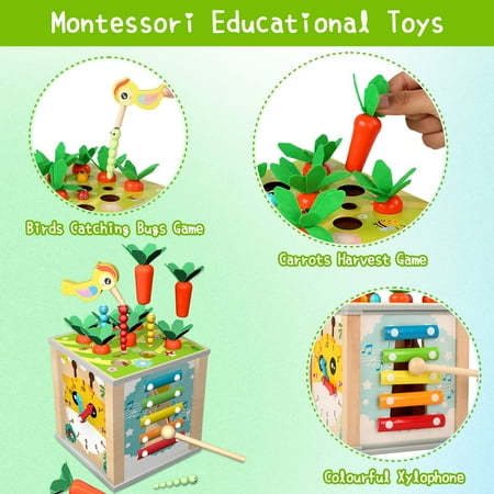 Wooden Activity Cube, 6-in-1 Montessori Toys for 12+ Months Babies, Educational Learning Toys for Toddlers Age 1-2, First Birthday Gift with Xylophone, Carrot Harvest