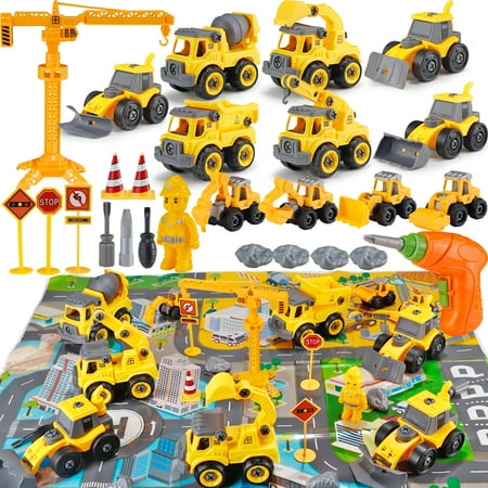 Take Apart Construction Trucks Toys for Boys 3-6 Years Cars Toys with Electric Drill and Map Kids STEM Building Toys