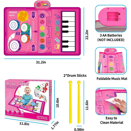 2 in 1 Musical Mat for Toddlers 1-3, Piano Keyboard & Drum Mat with 2 Drum Sticks, Musical Play Mat Toddler Toys Age 1-2, Baby Learning Toys for 1 Year Old Birthday Gifts for 1 2 3 Year Old Girls