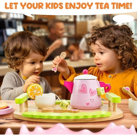 15pcs Play Tea Set for Girls, YCFUN Wooden Tea Party Set with Cookies Pretend Play Food, Toys for Toddlers Girls Boys 3 4 5 6 7 8 Years Old