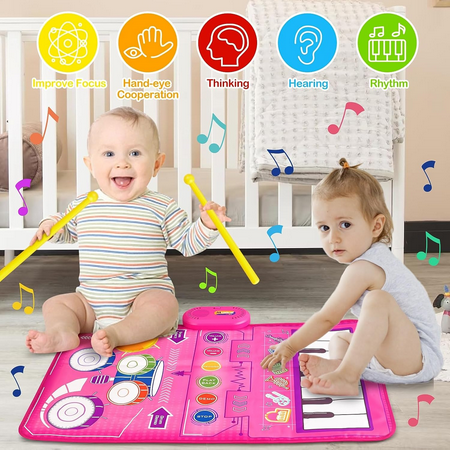 2 in 1 Musical Mat for Toddlers 1-3, Piano Keyboard & Drum Mat with 2 Drum Sticks, Musical Play Mat Toddler Toys Age 1-2, Baby Learning Toys for 1 Year Old Birthday Gifts for 1 2 3 Year Old Girls