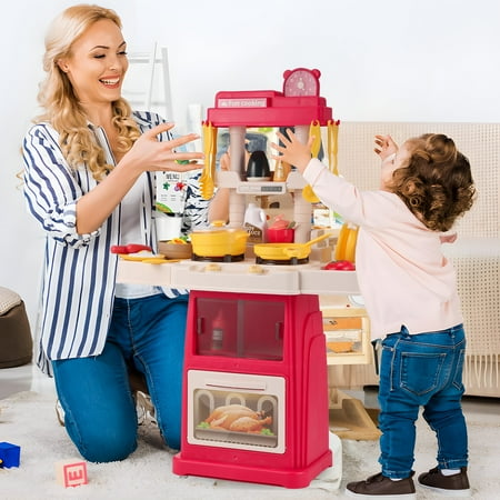 26Inch Play Kitchen Set for Kids, Anpro 48Pcs Interactive Kitchen Play Set with Sounds & Lights, Pretend Kitchen Cooking Toys for Age 3+ Boys Girls, Pink