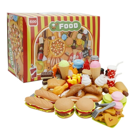 63PCS Play Food Pretend Play Fast Food Kitchen Toys Set Cutting Pizza Hamburger Ice Cream Playset for Toddler Kid Child Boys Girls Toys