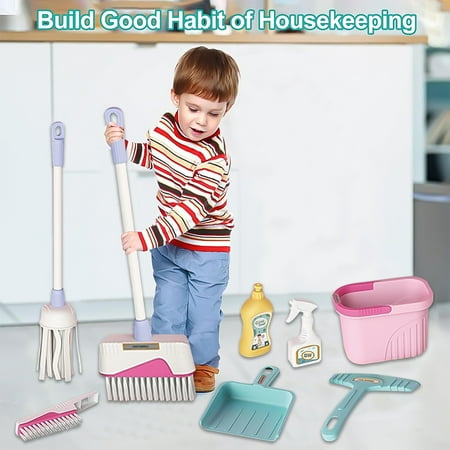 Style-Carry 8 Pcs Kids Cleaning Set, Kids Toys for Girls 3 4 5 6 Years, Pretend Play Housekeeping Tools Toys Broom and Mop Set Birthday Gift for Girls (Pink)