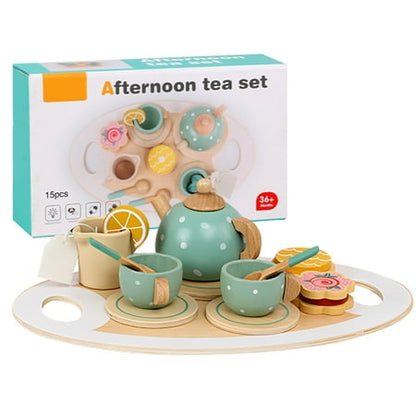 Evjurcn 14Pcs Tea Set Toy Wooden Pretend Play Tea Party Set Learning Role Play Funny Dessert Food Kid Playset Interactive Simulation Teacup Toy for Toddler Girls Boys