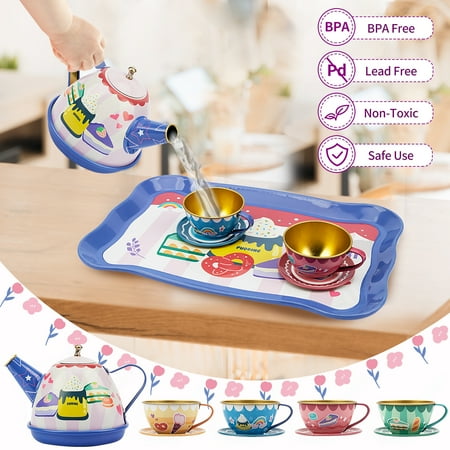 WISESTAR Tea Party Set for Little Girls- 50Pcs Kids Tea Set with Food Treats Playset & Carrying Case- Tin Tea Set for Princess Kitchen Pretend Play Toy for Toddlers Age 3-10