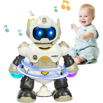 Lvelia Robot Toys for Babies,Electric Baby Toys for 1-3 Years Old Boy Rotating Robot Crawling Toys Light up & Musical Toys,Brown