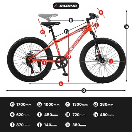 24 inch Fat Tire Bike, Shimano 7-Speed, Dual-Disc Brakes, Orange Trail Mountain Bike for Adult/Youth