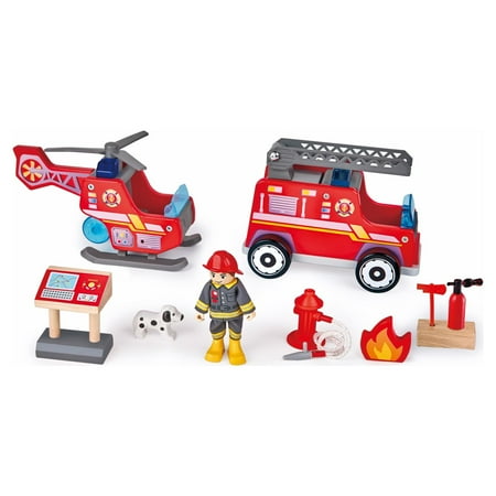 Hape City Red Fire Station Dollhouse Wood Playset, 13 Pieces, Light & Sound, Product Height 18.82 in, Gift Idea for Toddlers & Kids Ages 3+