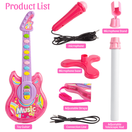 UUGEE Kids Guitar Toys for Girls 3-6 Years, Child Pretend Flash Electric Play Musical Instrument Toy with Mic Stand, Pink