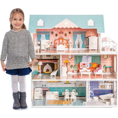 Robud Lady Wooden Dollhouse,3 Story with Balcony,28 Accessories Toy Gift for 3+Years Kid Girls