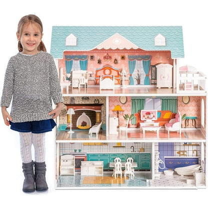 Robud Lady Wooden Dollhouse,3 Story with Balcony,28 Accessories Toy Gift for 3+Years Kid Girls