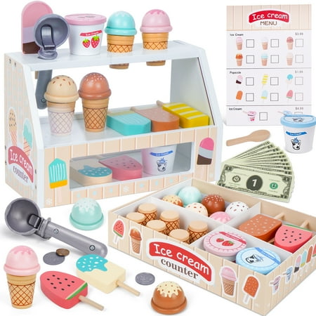 Wooden Ice Cream Counter Playset for Kids, Toddler Girl Toys Kitchen Playset Pretend Play Gifts for 3 4 5 6 Year Old Girl or Boy, Play Food Scoop and Serve, Play Kitchen Sets for Kids Ages 4-8