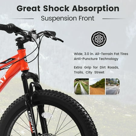 24 inch Fat Tire Bike, Shimano 7-Speed, Dual-Disc Brakes, Orange Trail Mountain Bike for Adult/Youth