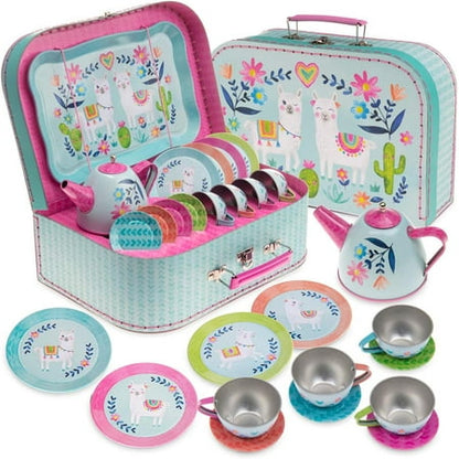 15 Piece Girls Pretend Toy Tin Tea Set Carrying Case Ballea