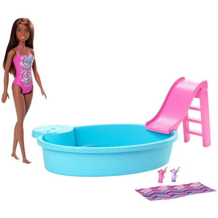 Barbie Doll and Pool Playset with Slide and Accessories, Brunette in Pink Swimsuit