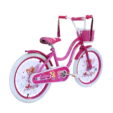 USToyOutlet 20 In. Cruiser Steel Frame Bicycle Coaster Brake One Piece Crank, White, Pink Full cover Chain Guard, Pink Basket, Fenders and Rims, White Tire Kid's Bike - Pink and Hot Pink