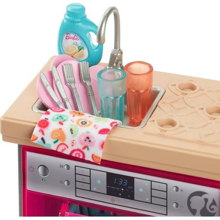 Barbie World Toy Dishwasher Set with 9 Dollhouse Kitchen Accessories Including Plates, Drying Rack, & More