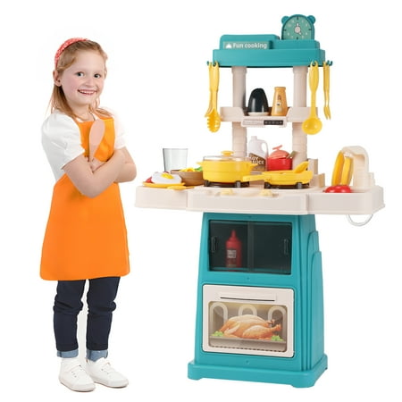 Play Kitchen Set for Kids, Lictin 48PCS Kitchen Playset with Real Sounds & Lights, Simulation Kitchen Cooking Toys with Apron, Pretend Play Food Toys Gift for Boys Girls, Green