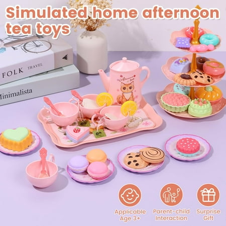 Cat Tea Party Set for Little Girls - 46pcs Pretend Play Toy, Birthday Gift for Toddlers Ages 3 4 5 6 Year Old, Includes Cat Tea Set, Desserts, and Carrying Case, Cat Design