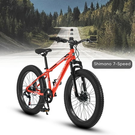 24 inch Fat Tire Bike, Shimano 7-Speed, Dual-Disc Brakes, Orange Trail Mountain Bike for Adult/Youth