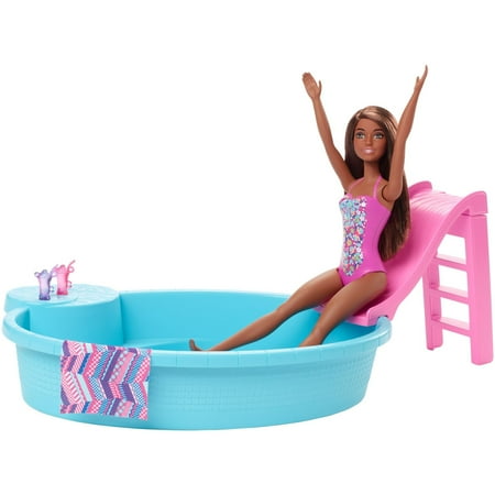 Barbie Doll and Pool Playset with Slide and Accessories, Brunette in Pink Swimsuit