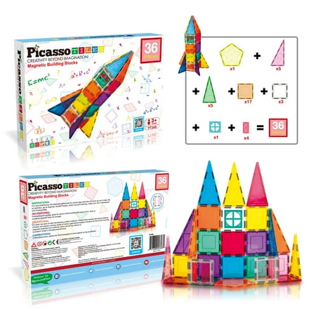 PicassoTiles 36 PC Rocket Set, Magnetic Tiles, Magnetic Building Blocks for Kids, Magnet for Kids 3+