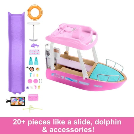 Barbie Dream Boat Playset with 20+ Accessories Including Dolphin, Pool and Slide, Multicolor