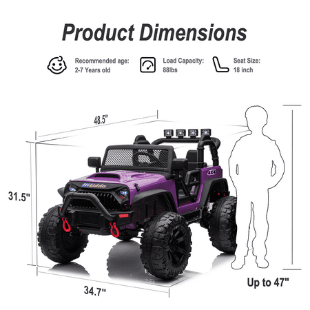 Hikiddo 24 Volt Ride on Toys, 2-Seater Ride on Truck Electric Car for Big Kids with Remote, Bluetooth - Purple