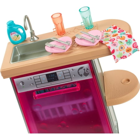 Barbie World Toy Dishwasher Set with 9 Dollhouse Kitchen Accessories Including Plates, Drying Rack, & More