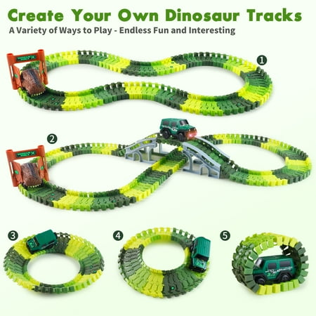 215 PCS Dinosaur Toys Race Car Track with Glow-in-the-Dark Stickers STEM Vehicle Playsets Dinosaur World Road Toys for boys 3-6 Years Best Gift