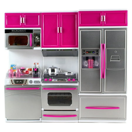 Kitchen Connection My Modern Kitchen Full Deluxe Kit Kitchen Playset: Refrigerator, Stove, Microwave - Pink & Silver-13.5" x 12"