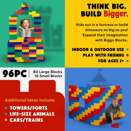 BiggoBlocks Jumbo Blocks — Big Blocks for Kids Ages 3-8 — Indoor & Outdoor Blocks for Kids Jumbo Games — Large Building Blocks (96 pc) Standard Set